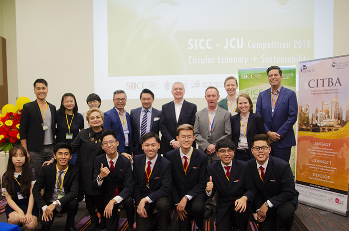 organisers, judges, master of ceremonies, and winners of the 2019 SICC-JCU Circular Economy + Sustainability Competition