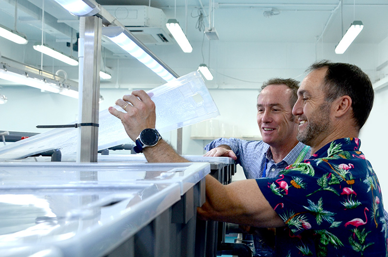 Professor Chris Rudd OBE and Professor Dean Jerry at the Aquaculture Research and Teaching Facility